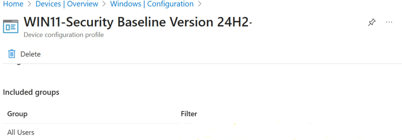 Security Baseline policy reassigned to All Users