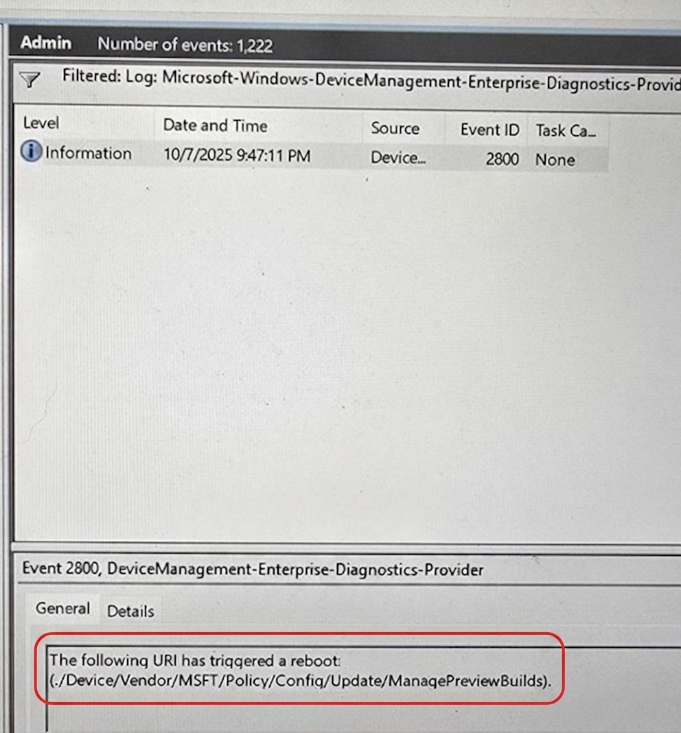 Event log after baseline fix showing ManagePreviewBuilds still triggering