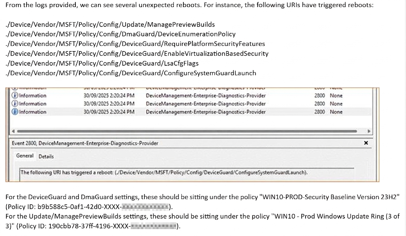 Event log showing URIs that triggered reboots