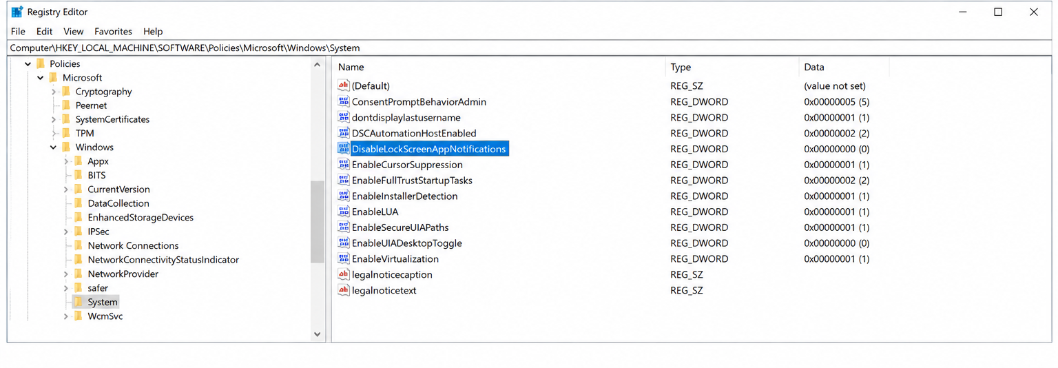 Registry key DisableLockScreenAppNotifications