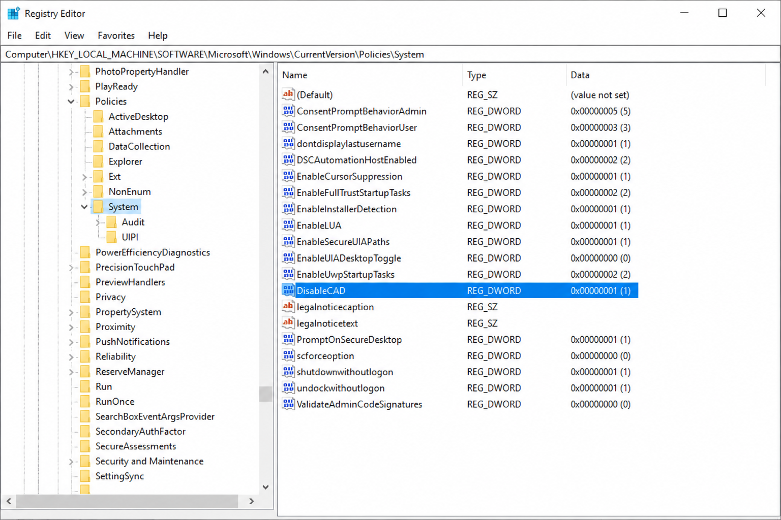 Registry key DisableCAD