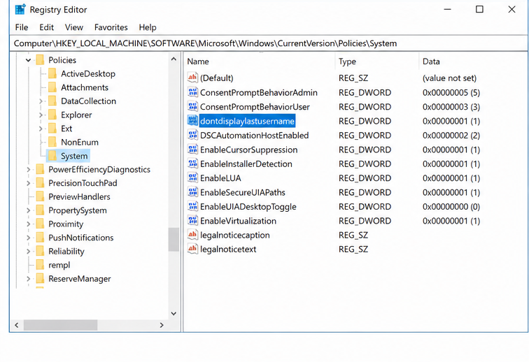 Registry key dontdisplaylastusername
